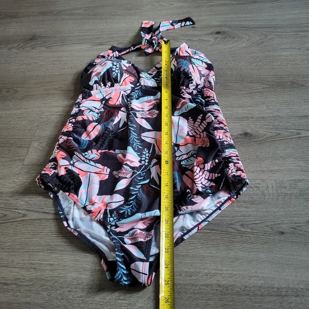 Motherhood Maternity Halter One Piece Swimsuit Tropical Leaf Print Pink Blue M